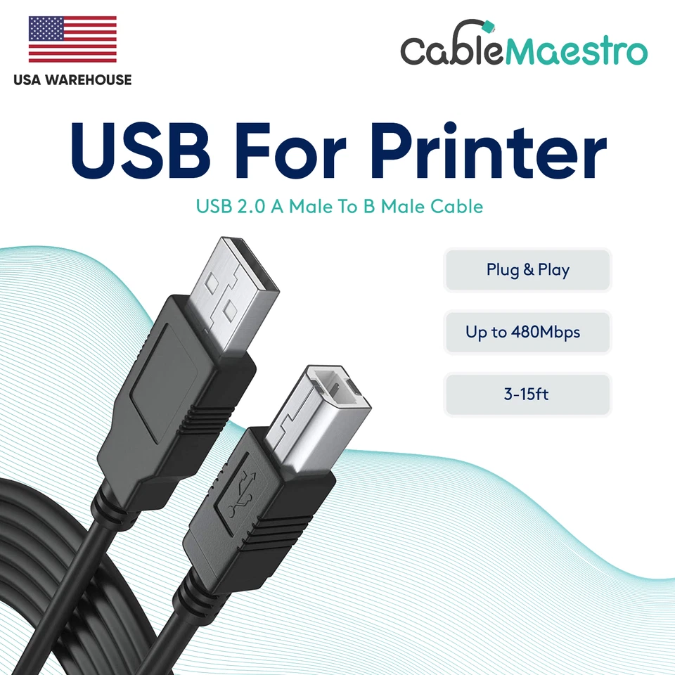 Printer USB 2.0 Cable Cord Transfer PC A to B Male Device HP Brother Canon Epson - Image 1 of 2