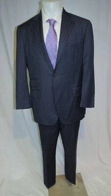 Etro Navy Blue Striped Ticket Pocket Flat Front Three Roll Two Suit 44 - Image 1 of 4