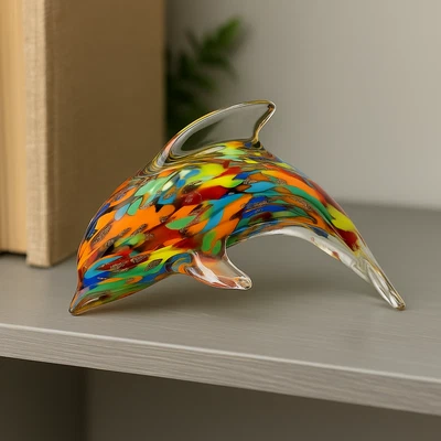 Handcrafted Glass Dolphin Ornament Murano Style Multicolour Figurine 10x15cm Art - Image 1 of 4