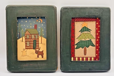 Conjunto de 2 arte popular primitivo vintage de los años 90 árbol de invierno con marco de madera de Navidad Foto 1 de 4