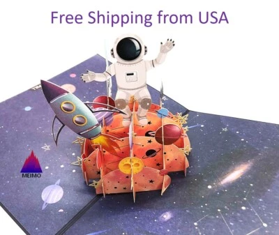 3D Pop Up Greeting Card Handmade Astronaut Rocket Space Science School Birthday  - Image 1 of 4
