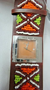 Roberto Cavalli Manschette Leder Armbanduhr Braun Orange Perlenarmband Analog  - Bild 1 von 7