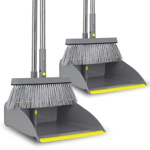 Dustpan and Broom Set Adjustable Handle Grey Cleaning Combo for Home or Office - Picture 1 of 7