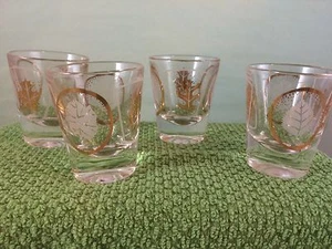 Vintage Set (4) Shot Glasses Gold Trim Leaf Pattern - Picture 1 of 5