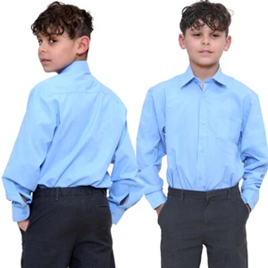 Pack Of 2 Boys Dress Shirts Occasion Wear Blue Plain Kids Uniform Shirts - Picture 1 of 5