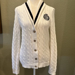 Lauren Ralph Lauren Cardigan Pullover mit Zopfmuster und Kragen Americana weiß Gr. PM - Bild 1 von 10