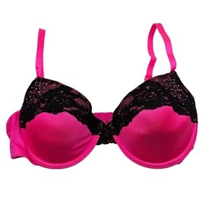 Vintage Y2K Smart & Sexy Womens Sz 38C Bright Pink T Shirt Bra Black Lace Trim - Picture 1 of 4