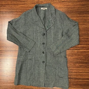 Flax Womens Size S Small 100% Linen Long Button Chore Jacket Navy Blue Lagenlook - Picture 1 of 5