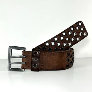 Vintage Diesel Brown Leather Grommet Belt Made in Italy Unisex Two Prong Buckle - Picture 1 of 9