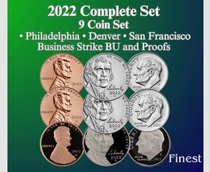 2022 P D S LINCOLN CENT, JEFFERSON NICKEL & ROOSEVELT DIME 9 COIN BU & PROOF SET - Bild 1 von 8