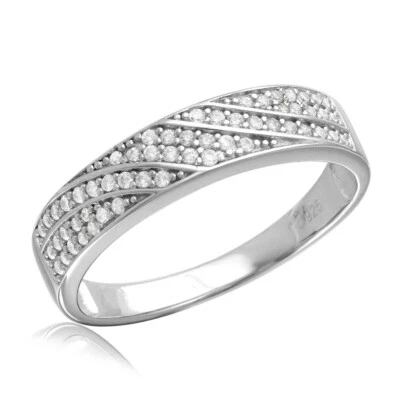Uomo Argento Sterling Onda Design Fede Nuziale Anello W/Micro Pavé Cz Pietre - Immagine 1 di 3