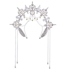 Baroque Women Sliver Headband with Tassel Halo Crown Headpiece Wedding Hair Band