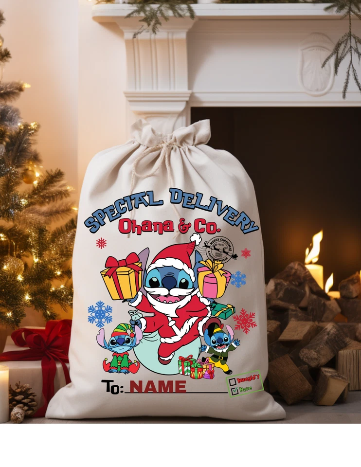 Bolso de regalo saco de Papá Noel grande de Navidad Lilo And Stitch personalizado hecho a mano Foto 1 de 1