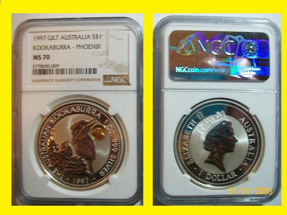1997 Australia Kookaburra GOLD PHOENIX privy 1 oz Silver NGC ms 70 Rare POP 11 - Image 1 of 1