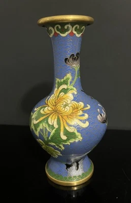 Chinese Antique Blue Enamel Cloisonné Vase  With Flowers and Birds Tall 7” - Image 1 of 4