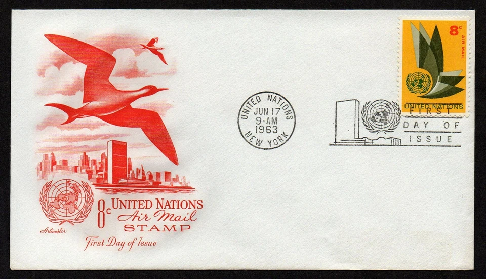 UNITED NATIONS NY # C9, ARTMASTER FDC COVER - UN EMBLEM, BIRD, AIRMAIL YEAR 1963 - Image 1 of 1