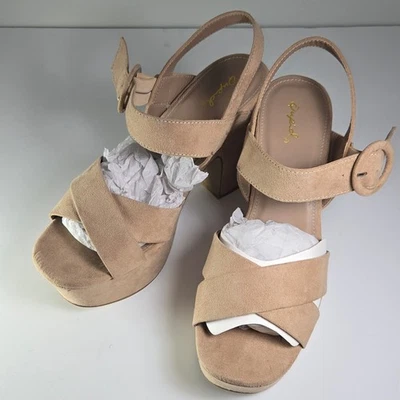 Sandalias Qupid Para Mujer Beige Gamuza Plataforma Tacón Bloque Hebilla Correa para el Tobillo EE. UU. 9 Foto 1 de 4