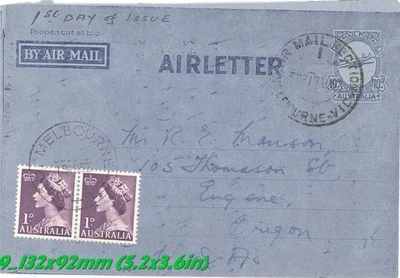 1953 Australia Airletter FDC Melbourne to Oregon QEII 1d Pair Uprated w Letter - Image 1 of 4