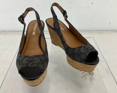 Coach "Ferry" Black Signature Jacquard Slingback Cork Wedge Sandals 7B - Image 1 of 4