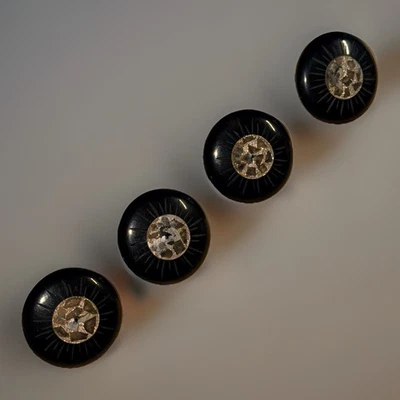 Vintage Black Carved Glass Buttons with Luster Gold Metallic ⅝" Round Self Shank - Image 1 of 4