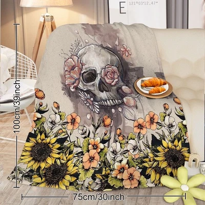 Floral Skull Flannel Blanket Rustic Skull Sunflower Flannel Fleece Blanket Sofa - Image 1 of 4