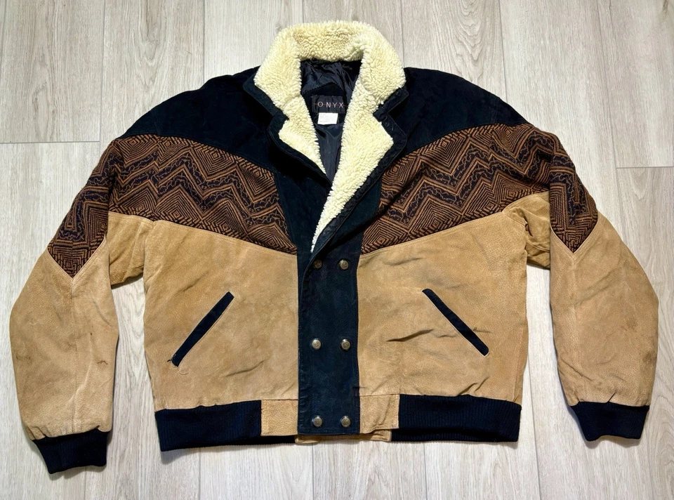 Винтажная замшевая кожаная куртка-бомбер 90-х Onyx Aztec Southwest шерпа вестерн мужская 2XL - Изображение 1 из 4