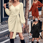 Women Trend Solid Color V-neck Slim Ladies Waist Fitted Long Sleeve Dress Casual