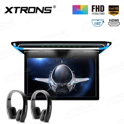 15.6" 1080P Car Roof Mounted Overhead Flip Down Monitor Game HDMI USB IR Headset - Image 1 of 4