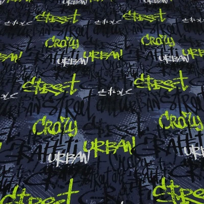 Stoff Baumwolle Jersey Graffiti blau neongrün weiß sw Kleiderstoff Kinderstoff - Bild 1 von 4