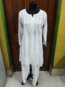 Co-Ord Set ETHNIC S M L XL 2XL 100% COTTON HANDMADE TOP KURTI CHIKAN EMBROIDERY - Picture 1 of 14