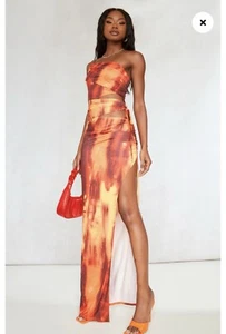 ORANGE ABSTRACT PRINT SLINKY MULTI CUT OUT MIDAXI DRESS - Picture 1 of 5