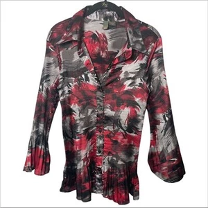 Serenade Women’s 2X Red Black Pleated Button down Top Flare Sleeve Y2K Blouse - Picture 1 of 3
