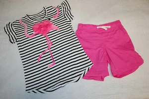 Girls Outfit BLACK WHITE STRIPE TEE Flamingo PINK SHORTS Bermuda L 10-12 PLUS - Picture 1 of 2