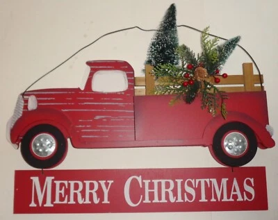 MERRY CHRISTMAS RED TRUCK w/Brush Trees SIGN Wall Door Hanger - Vtg  - 16 1/4" - Image 1 of 4