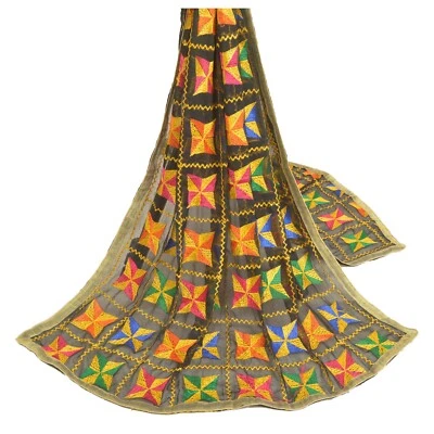 Sanskriti Vintage Dupatta Estola Larga Gasa Negro Bordado Bagh Phulkari Foto 1 de 4