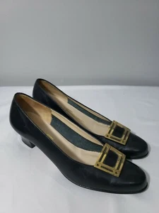 Salvatore Ferragamo Vara Patent Leather Pump Block Heel Gold Buckles Sz 6.5 AAAA - Picture 1 of 5