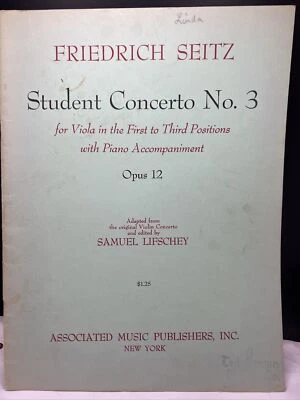 1955 Friedrich Seitz STUDENT CONCERTO No 3 FOR VIOLA with Piano Accompaniment - Image 1 of 4