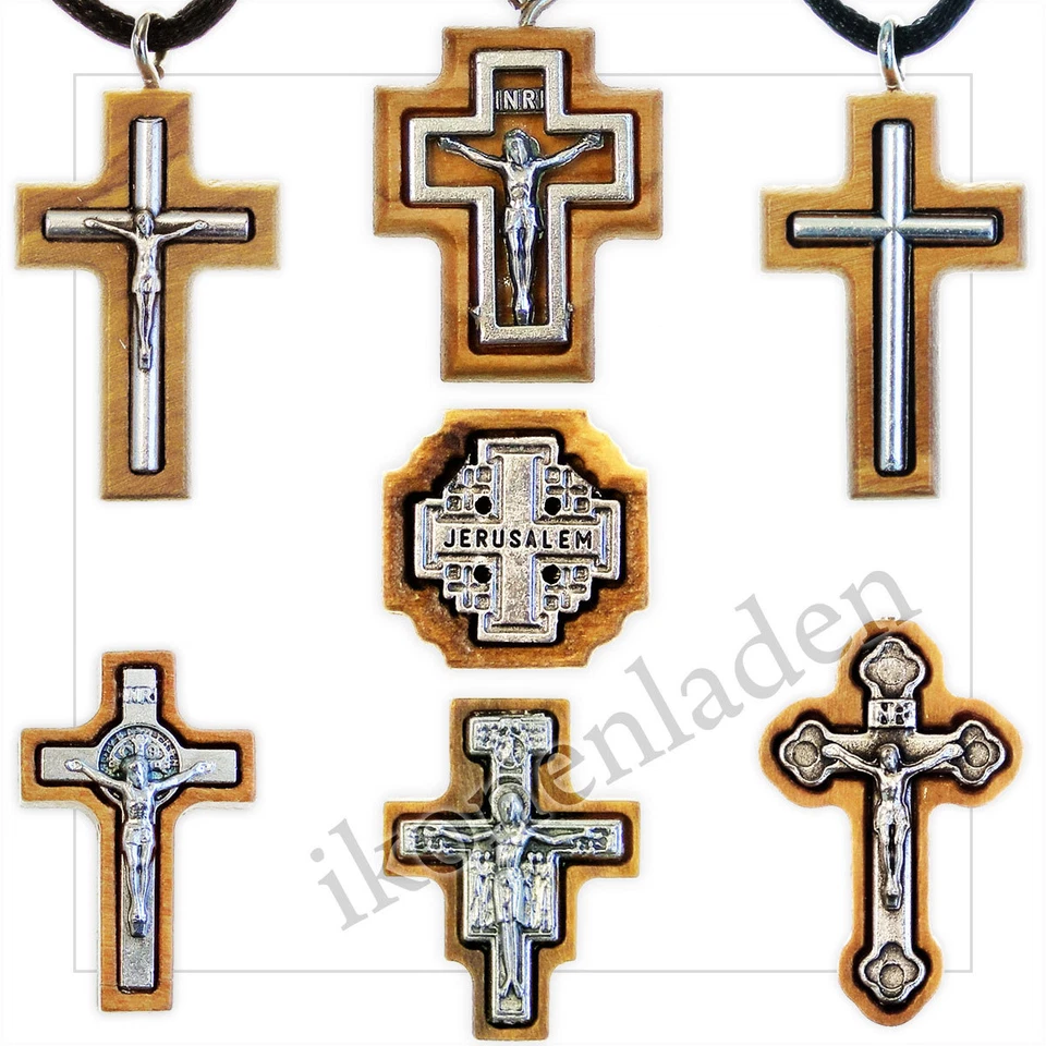 MARKENLOS Kreuz versilbert + Kette Oliven Baum Handarbeit Holy Land Jerusalem 6*1