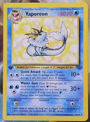 Vaporeon 28/64 Rare Jungle 1st Edition Non Holo Pokémon Card - MP - Image 1 of 2