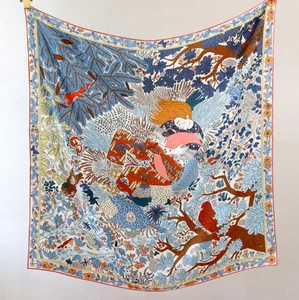14 Momme Twill Silk Shawl Scarf Bandanna Bird Forest Print Square 88X88cm Wrap  - Picture 1 of 10