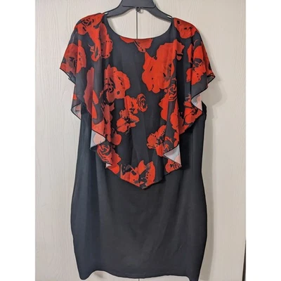 Women's Black Red Floral Sleeveless Round Neck Ruffle Bodycon Size 5XL - Image 1 of 4