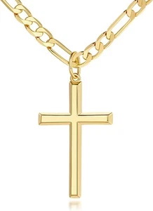 14k Gold Cross Necklace for Men Large Pendant Figaro Chain 20inch - Picture 1 of 7