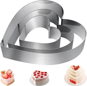 Heart Baking Mould, Set of 3 Heart Cake Ring, Silver Stainless Steel Baking - Picture 1 of 7