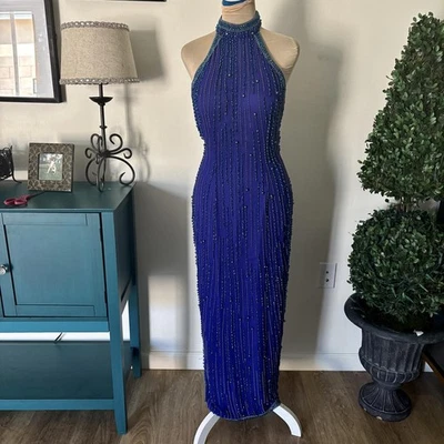 Vestido halter vintage años 80 Alyce Designs seda con cuentas XS Foto 1 de 4