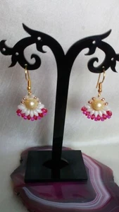 Lemon Shell Pearl, pink Glass Superduo & Seed Bead Gold Plated Copper Earrings - Picture 1 of 9