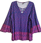 New Directions 2X Blue Pink Printed Boho Tunic Top Batik Pattern Poly Span