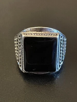 Шикарный черный обсидиан камень S925 серебро покрытием мужчин женщина кольцо размер 9,5 - Изображение 1 из 4