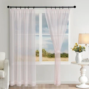 a pair of gathering tape top linen net sheer curtain +tie backs ivory/pink/blue - Picture 1 of 22
