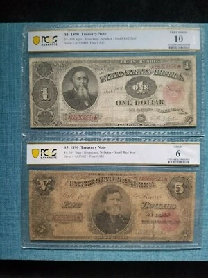 1890 5 treasury note & 1 FANCY BACK  legal tender ORNATE BACK  - Image 1 of 4