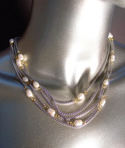 EXQUISITO Collar de Perlas Genuinas Cadenas Caja Cable Chapado en Oro Blanco de 18kt - Imagen 1 de 12